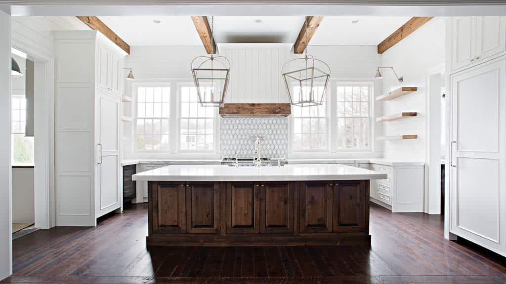 Kitchen in a Georgian-style home featuring reclaimed antique oak hardwood floors
