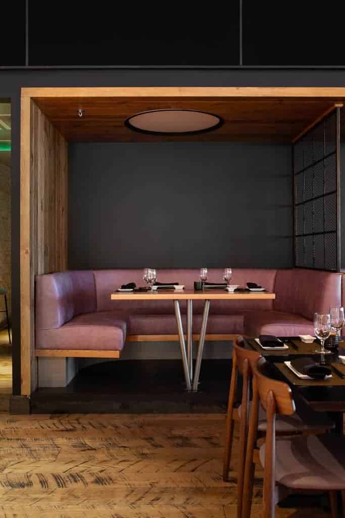 O-Ku sushi dining room in nashville featuring rustic peachey hardwood flooring by Textures Nashville.