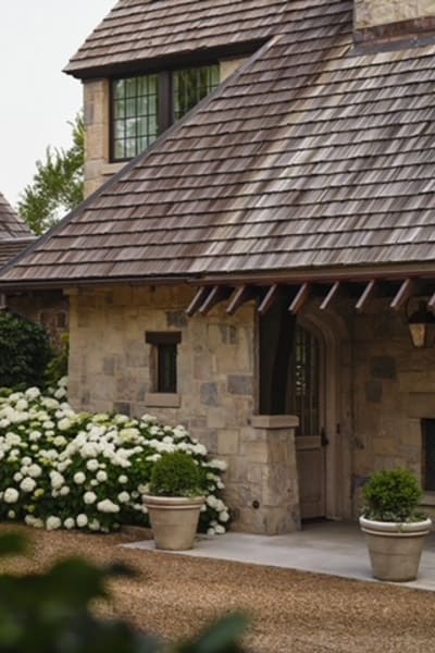 An elegant stone house with a steep, weathered shingle roof, surrounded by lush white hydrangeas and potted plants, exuding a quaint, luxurious atmosphere.
